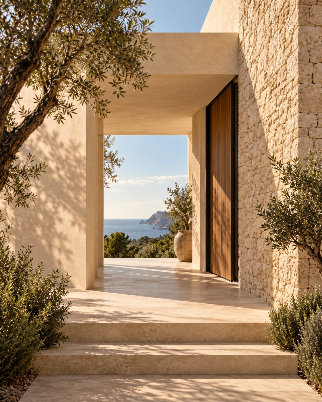 Warm limestone archway opening onto a coastal Mediterranean landscape