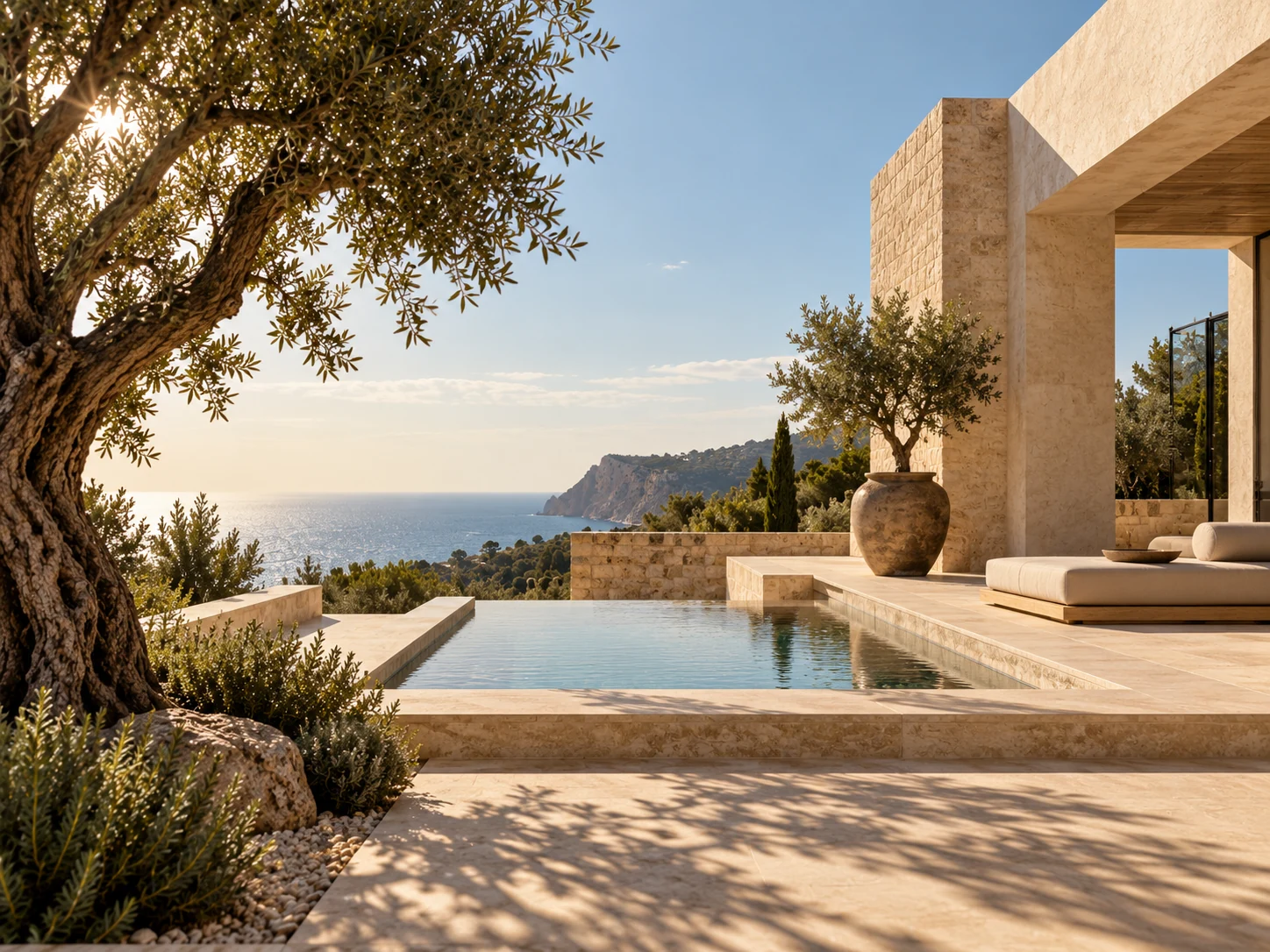 Sunlit Mediterranean stone terrace and infinity pool overlooking the sea