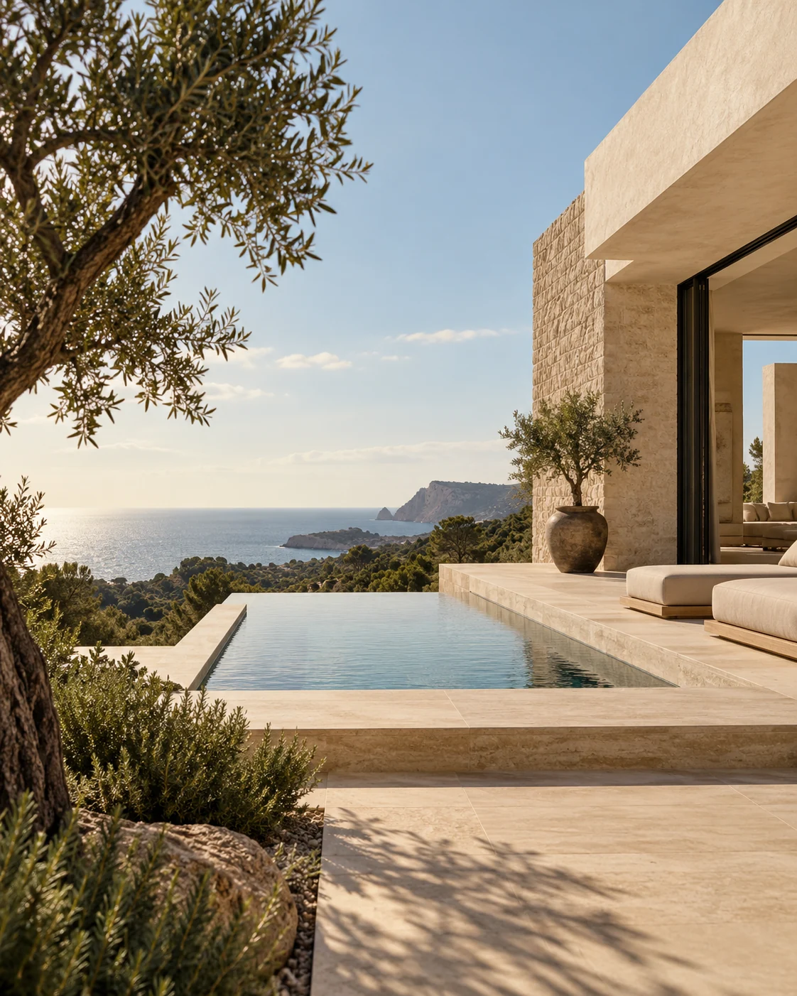 Mediterranean stone villa with an olive tree, swimming pool and sea views